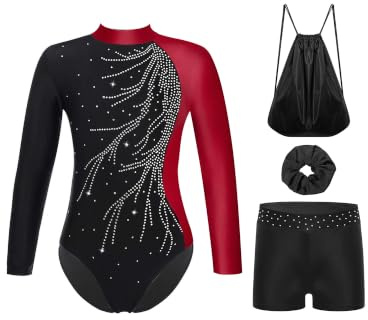 Alvivi Mädchen Turnanzug Glitzer Gymnastikanzug mit Kurze Hose Haarband Langarm Gymnastikbody Turntrikot Gymnastik Kleidung Tanzkostüm