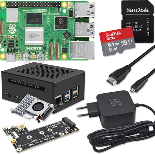 Raspberry Pi 5 16GB PCIe M.2 NVMe - Kit | Alloggiamento in metallo | Cooler attivo | Scheda M.2 NVMe SSD PCIe | Alimentatore USB-C 45W | Cavo Micro HDMI 4K | Ideale per Home Assistant