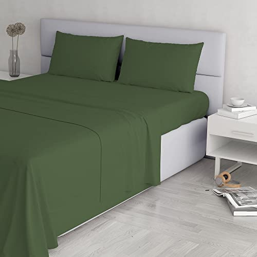 Set Lenzuola Elegant, Lavorato in Italia - Completo Letto, Lenzuolo sotto con Angoli, Telo sopra 240x270cm e Federe con Patella Interna, Verde Scuro, Matrimoniale