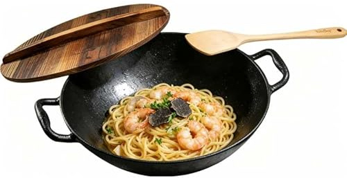 Keleday 14 Inch Cast Iron Wok with Lid, 6 Quart Pre-Seasoned Uncoated Handmade Wok Pan - Nonstick Stir Fry Pan & Skillet for All Stovetops Including Induction, Gas, Electric, Oven Use​