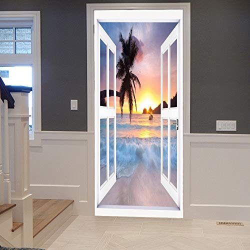 A.Monamour Türtapete Selbstklebend Türfolie Türposter 3D Offene Fenster Ansicht Der Ozean Palmen Strand Sonnenaufgang Landschaft Vinyl Folie Türdeko Tapete Wandbild Türaufkleber Türtattoo 83 x 204 cm