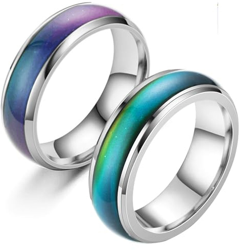 2 Pcs Mood Rings for Kids Men Women With Color Mood Chart Stainless Steel Band Mood Jewelry Size 6 & 7