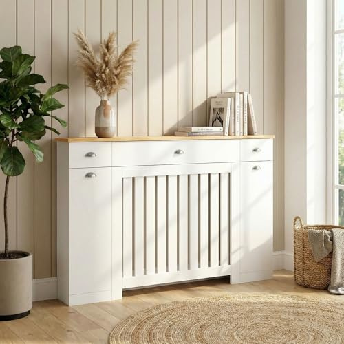 DuraTherm® Linwood Radiator Cover Cream Modern Vertical Slat Shelves MDF Storage Cabinet Shelf for Radiators, Living Rooms, Bedrooms (W: 128cm / H: 96cm / D: 19cm)