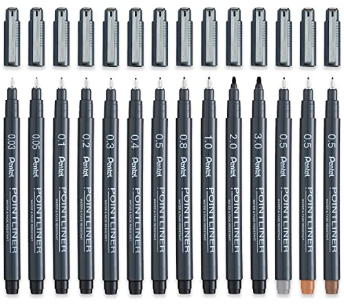 Pentel S20P Pointliner Pigment Liner Technisches Zeichnen Fineliner Pen – Full Range – Schwarz, Sepia, Sanguine & Grey Tinte – 14 Stück