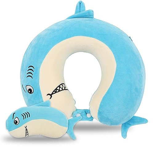 Travel Pillow, Kids Travel Pillow with Sleep Eye Mask, Soft Memory Foam Neck Pillow for Kids Boys & Girls, Teens, Travel Accessories for Airplane - Shark Neck Pillow