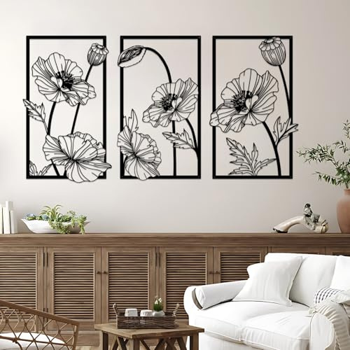 Resama 3 Pcs Black Metal Flowers Wall Decor, Minimalist Abstract Wall Art