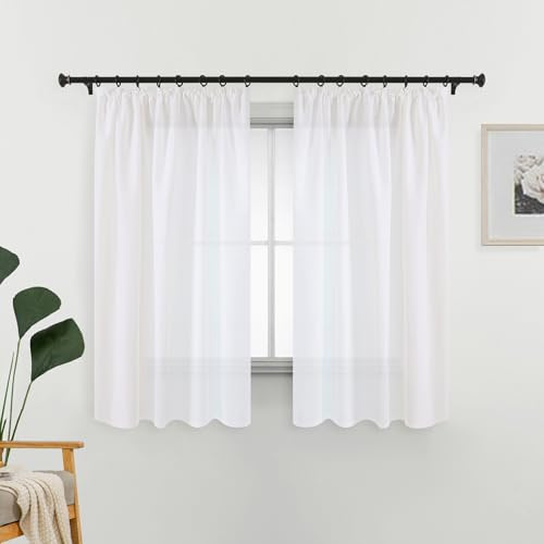 L.Z.E Gardinen Vorhänge Weiß mit Kräuselband, Sichtschutz 80% Lichtdurchlässig Gardine Vorhang für Schlafzimmer Wohnzimmer, Dünne Baumwolloptik Stores für Schiene Schienensystem 145 cm Kurz Naturweiss