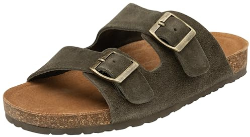 DUNLOP Womens Summer Sandals Double Buckle Genuine Suede Soft Footbed Sliders Cork Slip On Comfort Shoes Sizes 3-8 (Olive Green, UK Footwear Size System, Adult, Women, Numeric, Medium, 4)