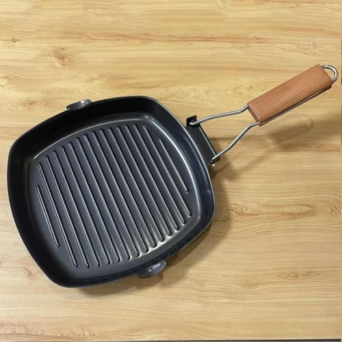 ZYWUOY 20cm/7.87 inches Non-Stick Grill Pan with Foldable Wooden Handle, Cast Iron, Even Heat, Gas, Electric or Induction Stoves
