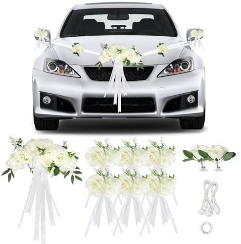 Supaway Decoración de capó para Coche de Boda en Blanco, Set PKW para Ceremonia con 9 Rosas, ventosas, 2 x 4,4 m de Cintas y 1 Cinta Adhesiva, Decoración de vehículo para Boda y Fiesta