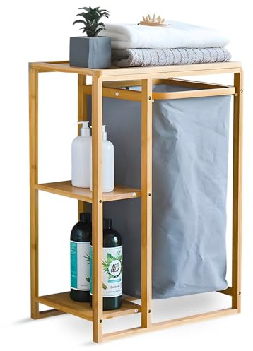 Avilia Meuble de Salle de Bain en Bambou avec Panier à Linge en Tissu et 2 étagères - 50 x 30 x 70 cm - Capacité du Panier 15 kg, étagères 6 kg - Panier à Linge Sale adapté pour Salle de Bain et