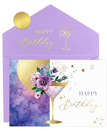 Joli Coon Biglietto auguri compleanno ELEGANT – Biglietto pieghevole di alta qualità con illustrazione floreale di martini e busta in colori pastello – Biglietto auguri compleanno donna