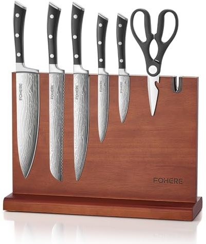FOHERE Set di Coltelli da Cucina 7 Pezzi in Acciaio Inossidabile, Set di Coltelli con Ceppo Portacoltelli Doppio Lato Magnetico, Coltello da Cucina con Porta coltelli Magnetico in Acacia