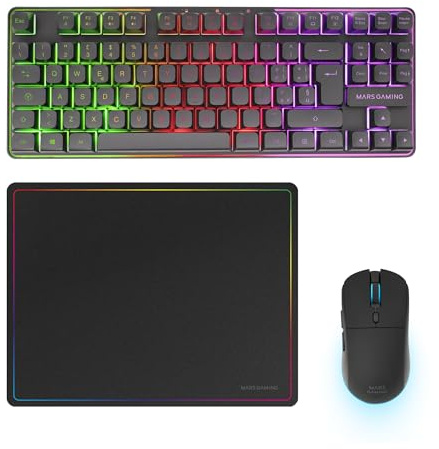 Mars Gaming MCPWTKL, Trådlös Gaming-Combo, DualPro Link 2.4GPRO-teknologi, TKL FRGB Rainbow-tangentbord + RGB 3200DPI-mus med HUANO-brytare + Halkfri musmatta 360x260mm, Svart, Italienska