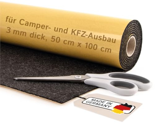 Selbstklebender Filz für Camper & Innenausbau – Meterware, Nadelfilz anthrazit, 50 x 100 cm, 3 mm dick – flexibel, isolierend - Made in Germany