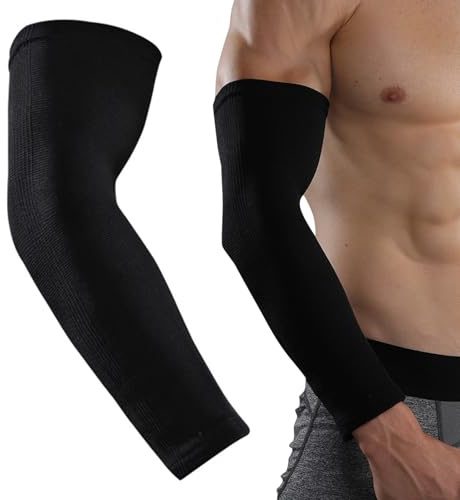 Compression Sleeve Arm Support with Elastic Strap for Men and Women Forearm Upper Supports for Tennis Golfers Weightlifting Workouts Breathable Sweat Absorbent Muscle Relief Black L Single (1)