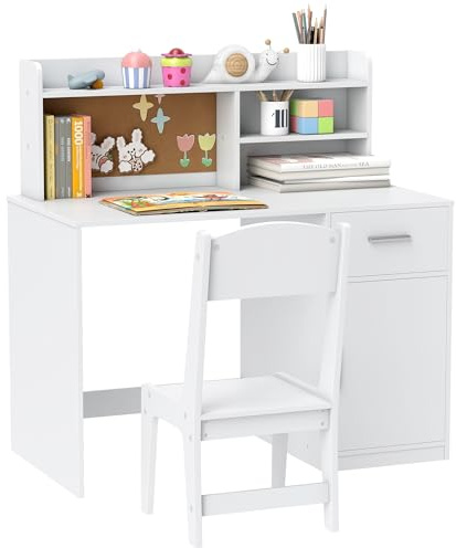 AIYAPLAY Set Scrivania e Sedia per Bambini con Armadietto 3-12 Anni Bianco