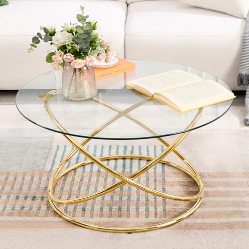 Bekrvio couchtisch rund,Wohnzimmertisch mit Gold Metall Bein,glastisch Wohnzimmer,Coffee Table für Wohnzimmer Schlafzimmer Arbeitszimmer