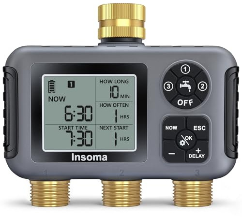 Insoma Water Timer with Brass Inlet, 3 Independent Zones Outdoor Hose Timer for Garden Faucet with Auto/Manual/Rain Delay Mode, IPX5 Waterproof, Sprinkler Irrigation Controller for Yard Lawn