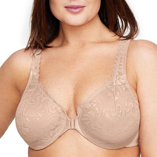 Glamorise Damen Wonderwire-Vorderverschluss-BH mit Stretch-Spitze für große Größen Nr. 9245,Beige (Kaffee),95C (Herstellergröße:42C )