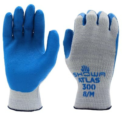 SHOWA Atlas 300 Original 1994 Crinkle Grip Work Gloves, Natural Latex Palm, Heavy Duty 10-Gauge for Construction, Landscaping, Gardening, & Masonry, Blue, X-Large, 12-Pair