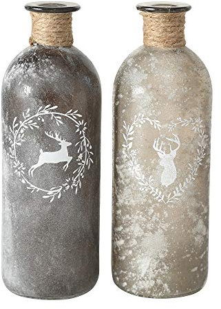 2 x Flaschenvase Hirsch mit Sisalband Glas grau hoch Landhausstil Flasche Vase Tischvasen Glasflaschen Dekoflaschen Väschen Vasen Glasvasen 21x7 cm