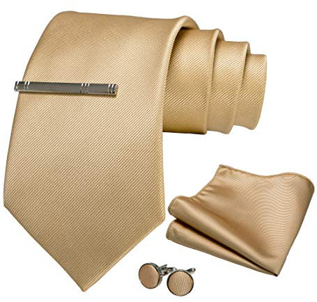 JEMYGINS Herren 9cm Breit Extra lang Krawatte und Einstecktuch Krawattenklammer Set Geeigneter Hochzeit Fest,Champagner Gold