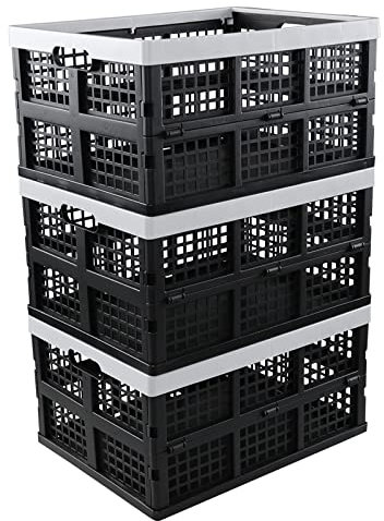 Vareone Pack of 3 Plastic Folding Storage Crate Box, 30Lt Foldable Crate Basket