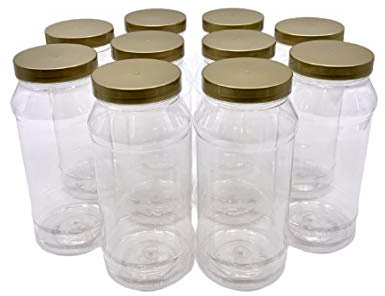 Truenova - Lot de 10 bocaux de rangement en plastique avec couvercles plats dorés de 1 L