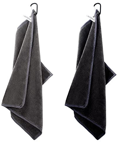 AWAVM 2 Pcs Golf Towels Absorbent Cleaning Towels Multifunction Towels with Carabiner for Golf Bags Fitness Sport Outdoor Yoga(2 Colors), Black