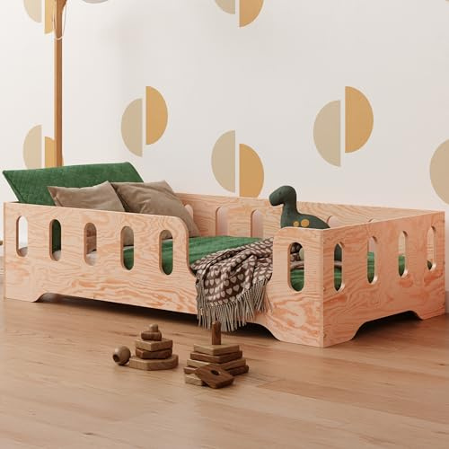 smartwood Golvsäng 80x180 - Montessori Barnsäng i trä med FSC-certifikat - TILA 2P med fallskydd och ribbotten, belastningsbar upp till 230 kg - Enkel montering