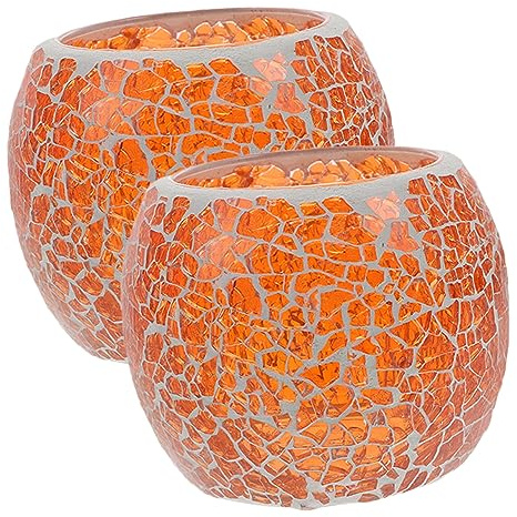 Cabilock 2pcs Mosaic Glass Candle Holder Jars Orange Tealight Holder for Table Centrepiece Decorative for Bedroom Anniversary Spa Meditation Dining Room Office