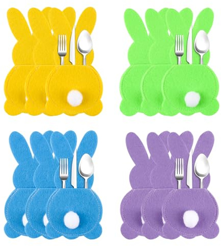 Sac à Couverts Lapin de Pâques, badaren 12pcs Porte Couverts Lapin, Sac à Couverts Lapin Feutre, Couvre-Couverts Lapin Non-Tissé, Pochette à Couverts de Pâques, Sacs de Vaisselle de Pâques