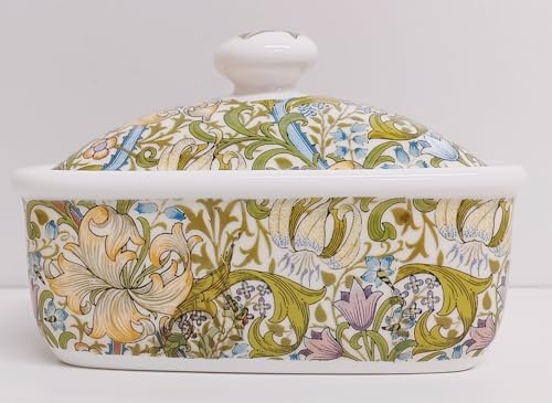 William Morris Beurrier en porcelaine fine avec couvercle décoré à la main Motif lys doré