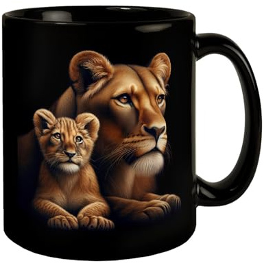 Löwin mit Babylöwe Tasse in Schwarz Stilvolle Babylöwe Tasse Ideal für Wildtier-Fans Süßes Jungtier-Motiv Perfekt für Raubkatze- und Großkatze-Liebhaber