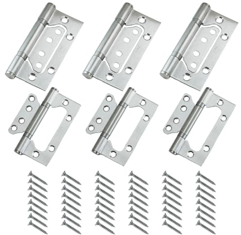 6 Packungen bündige Türscharniere, Türscharnier, 10,2 cm, Kugellager, Edelstahl, für Innentür, Küchenschränke, Schrank, Kleiderschrank, Silber