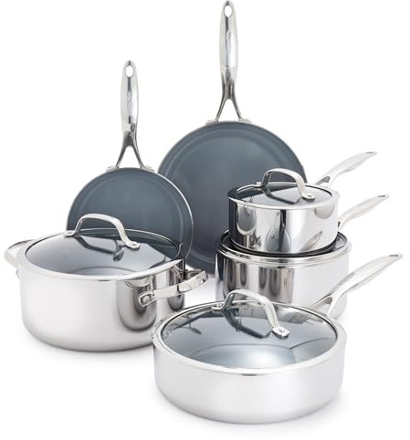 Greenpan Valencia Pro Tri-Ply Stainless Steel 10 Piece Cookware Pots and Pans Set, Healthy Ceramic Nonstick PFAS-Free PFOA-Free Coating, Multi Clad, Induction, Dishwasher Oven and Broiler Safe