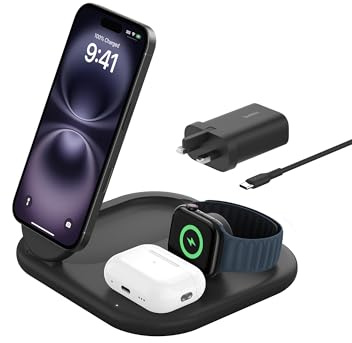 Belkin BoostCharge 3-in-1 Magnetic Foldable Charger with Qi2 15W, MagSafe Compatible Fast Charger for iPhone 17, Air, 16, Pixelsnap, Apple Watch, AirPods with Non-Slip Base, PSU Included - Black