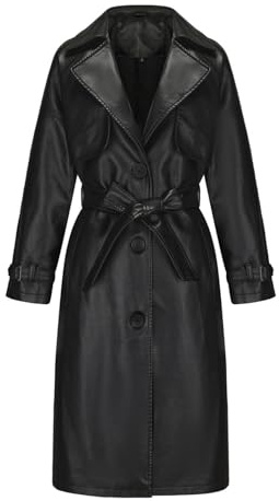 Faux Leather Jacket Womens Long Jacket PU Leather Trench Coat with Belt Stand Collar Button Solid Casual Windproof Jacket with Pocket Winter Warm Motorbiker Jacket