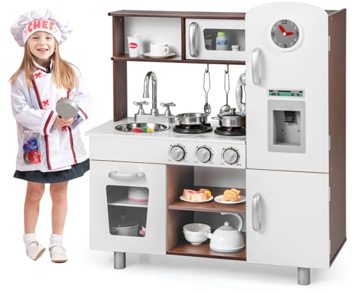 Maxmass Kids Wooden Play Kitchen, Pretend Kitchen Playset with Realistic Lights & Sounds, Water Dispenser and Clock, Children Cooking Role Play for Boys Girls Gift (White + Brown)