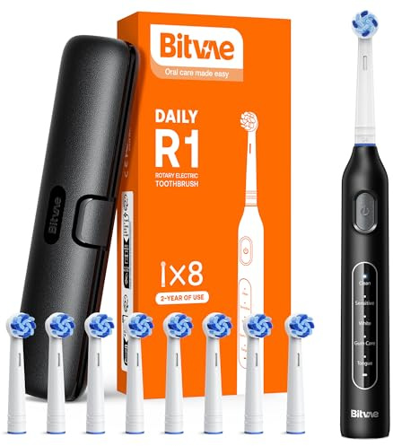 Bitvae Spazzolino elettrico rotante con 8 testine per adulti e bambini, custodia da viaggio, durata della batteria di 60 giorni, Nero