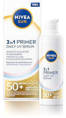 NIVEA SUN UV 2in1 Primer Daily UV Serum SPF50+ (30ml), Frangrance-Free Sunscreen with High SPF, Ideal as Makeup Base, Moisturising Formula with Hyaluron, No White Cast