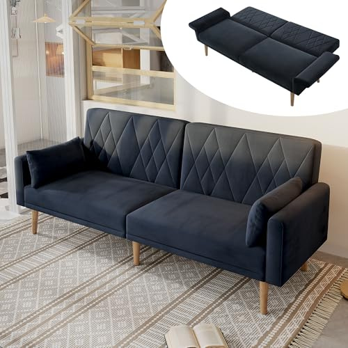 Merax Sofa mit Schlaffunktion, Klappsofa Schlafsofa Bettcouch 2 Sitzer, 3 Verstellbare Winkel, 2 Kissen, Samtstoff, für Wohnnung/Heimkino/Büro, 180 * 75 * 82cm/Dunkelgrau