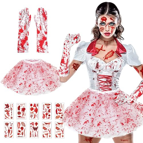 Deguisement Halloween Femme Horreur, Costume Halloween Femme, Tutu Tulle Blanc Taché de Sang + Gants + 10 Tatouages Cicatrices