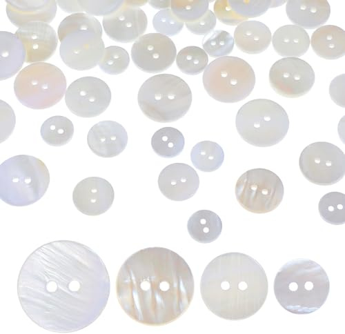 Nogeqi 60 Stück Natürlich Perlmutt Knöpfe, Weiße 12.5mm/15mm/18mm/20mm Schimmernde Knopf, Flach Pearl Buttons, Knöpfe für Strickjacke Kleidung Handwerk Röcke