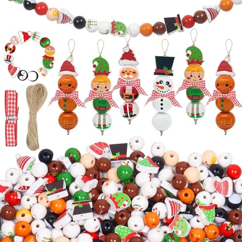 Holzperlen mit Gesicht Weihnachten, 144 Stück 15mm Holz Perlen mit Hanfseil, Bastelset Perlen Anhänger Weihnachtsmann Schneemann, Weihnachts DIY Basteln Holz Perlen Bastelset Weihnachten Anhänger