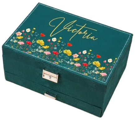 Shangyue Caja de Joyería Grande Personalizada, Organizador de Almacenamiento de Joyas de Terciopelo para Mujer, Organizador de Almacenamiento Personalizado Floral (Verde, 23x17x11cm (9x6.7x4.33'