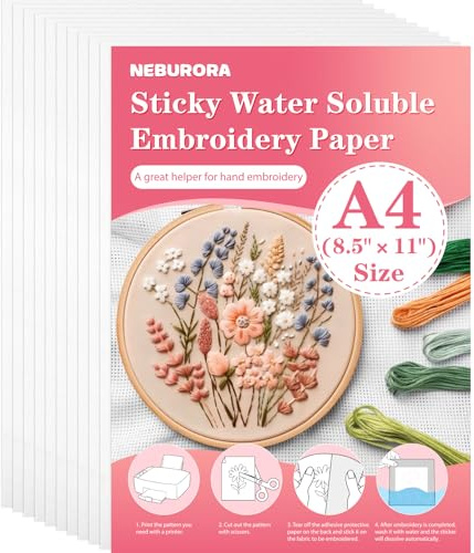 NEBURORA Estabilizador soluble en agua imprimible para bordado (10 unidades, 8,2 x 11,6). Papel adhesivo para bordar, lavable, con respaldo soluble para coser a mano o a máquina