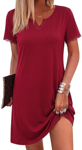 Litherday Chemise de Nuit Femme Robe de Nuit Col V Dentelle Manches Courtes | Nuisette Vêtement de Nuit