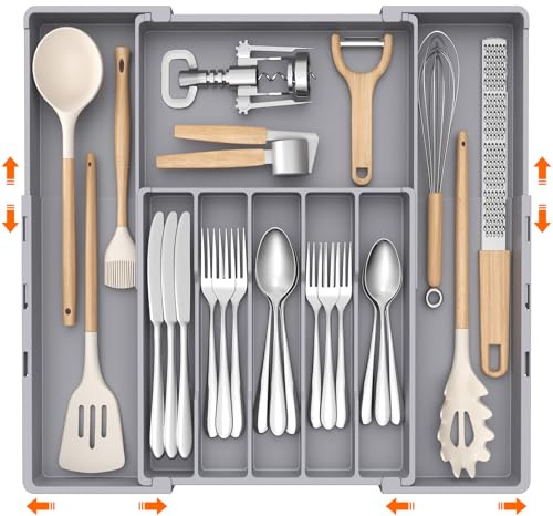 Lifewit Organizador de cubiertos para cajones, 5-8 compartimentos ajustables bidireccionalmente de plástico para cocina, organizador de cubiertos, ancho de 30,5 a 52 cm, inserto de cubiertos para